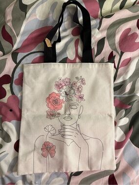 Cream Floral Canvas Tote Bag with Black Straps